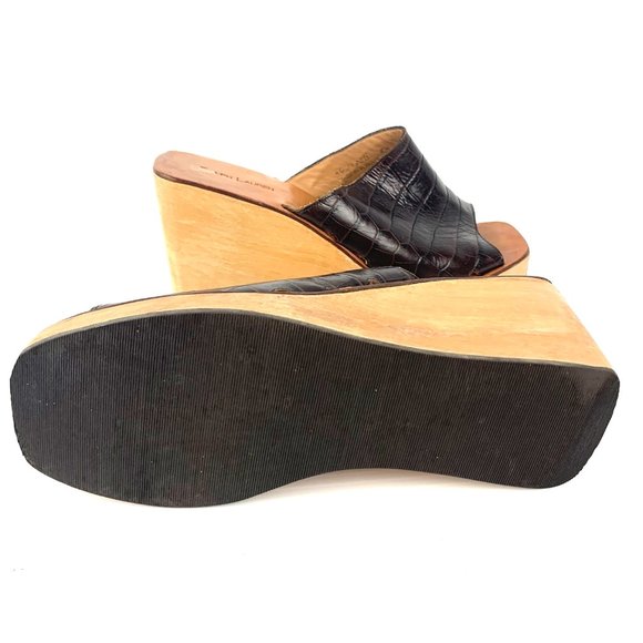 RALPH LAUREN Brown Embossed Leather Wooden Wedge Slip On‎ Sandals - Picture 6 of 9